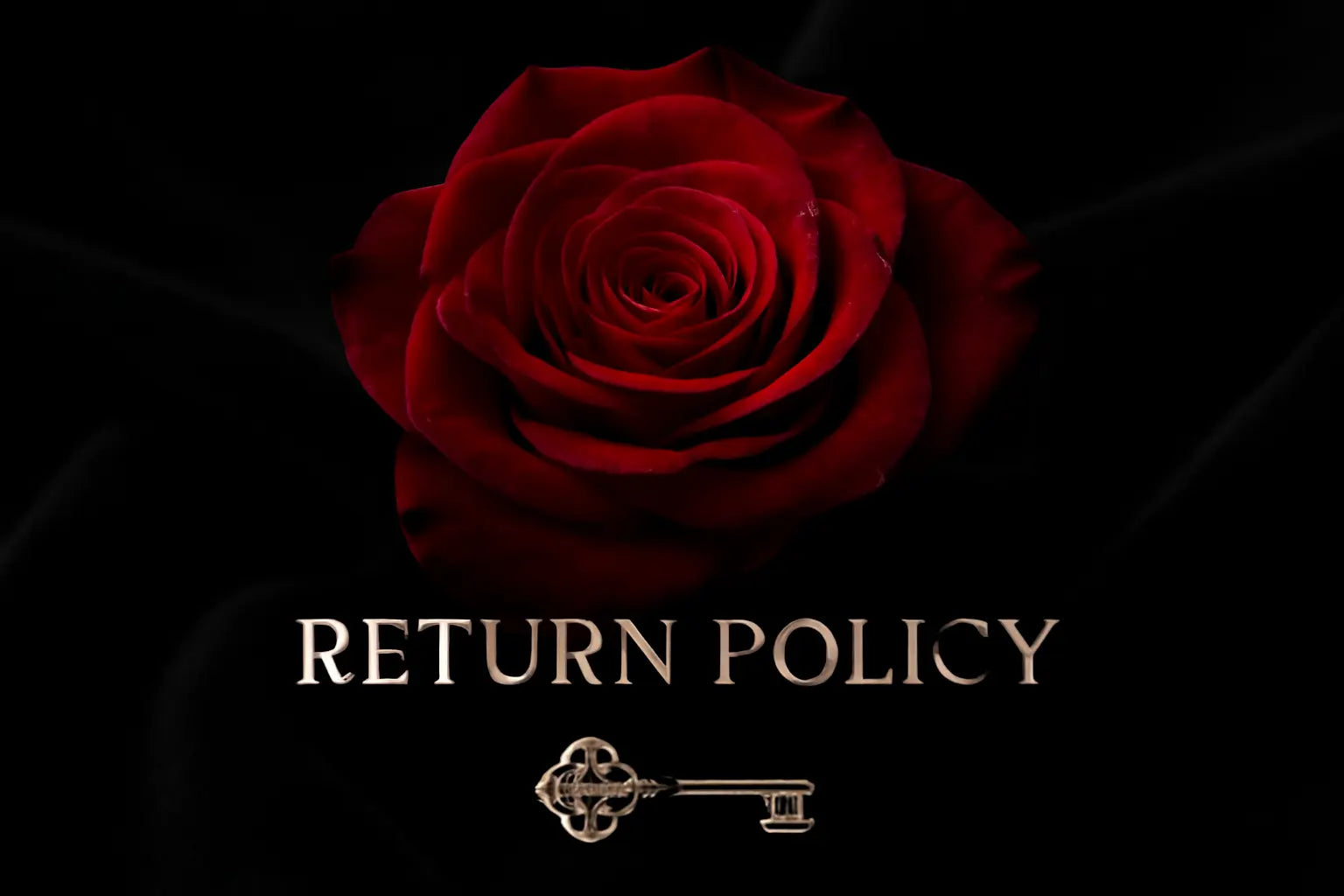 Red rose on a black background with 'RETURN POLICY' text and key symbol.