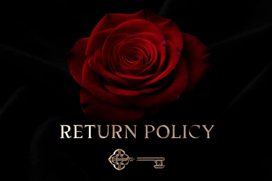 Red rose on a black background with 'RETURN POLICY' text and key symbol.