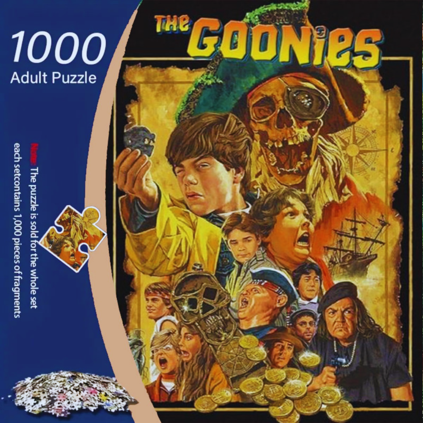 Goonies puzzle packaging with characters and skull design on a blue background