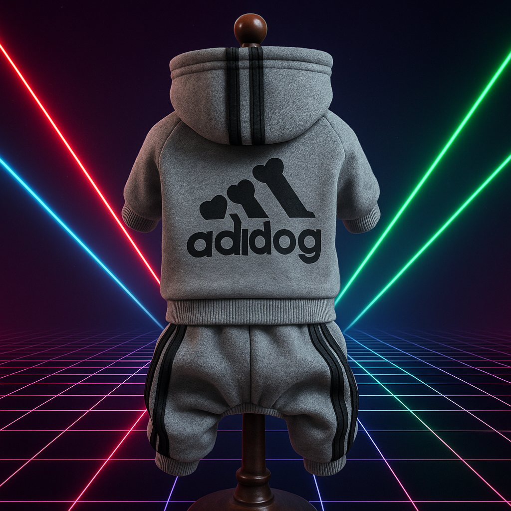 Dog hoodie with Adidog logo on a retro-futuristic background