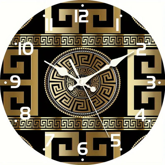 Decorative wall clock with gold and black geometric pattern