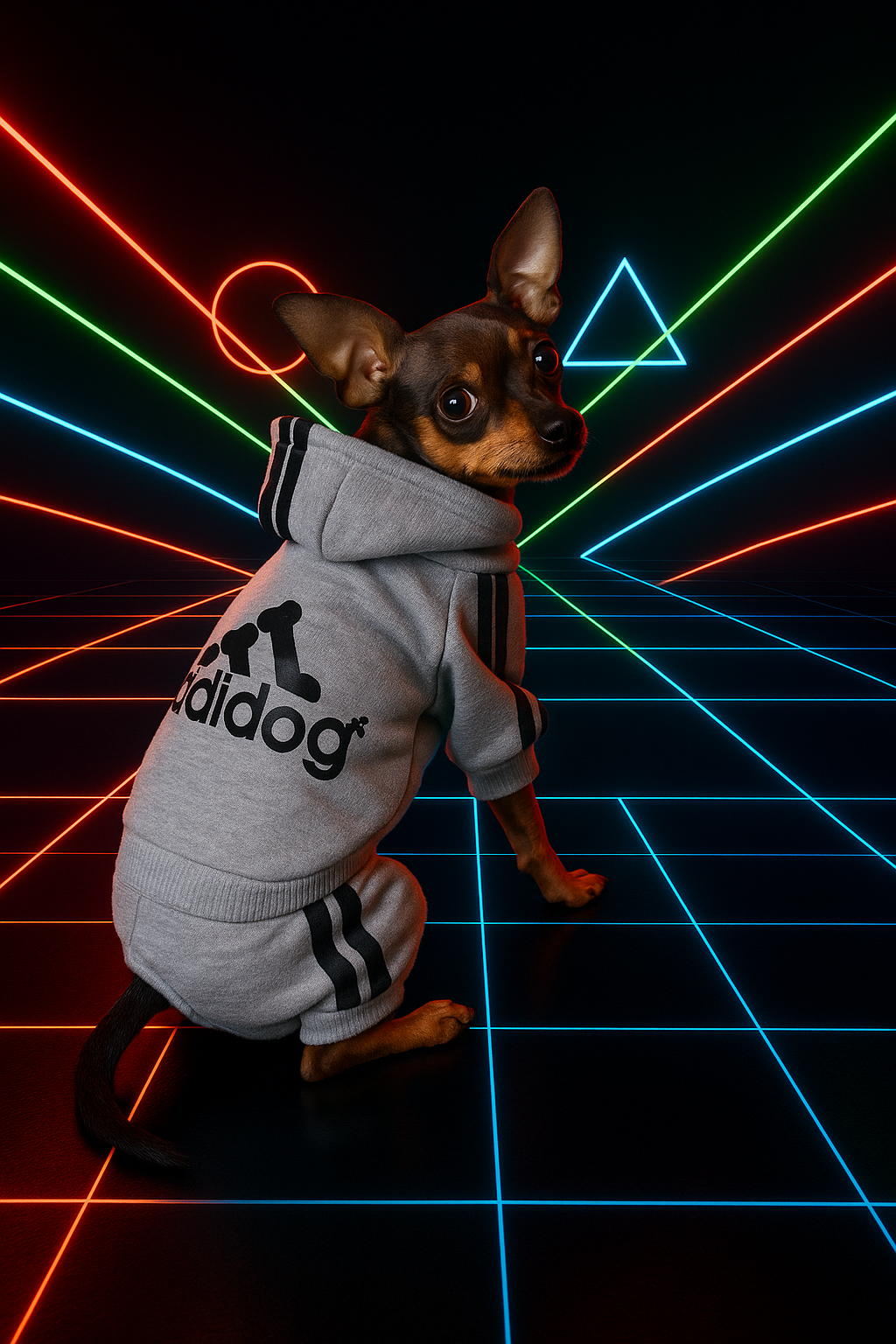 Dog wearing a hoodie with a brand logo on a retro-futuristic background