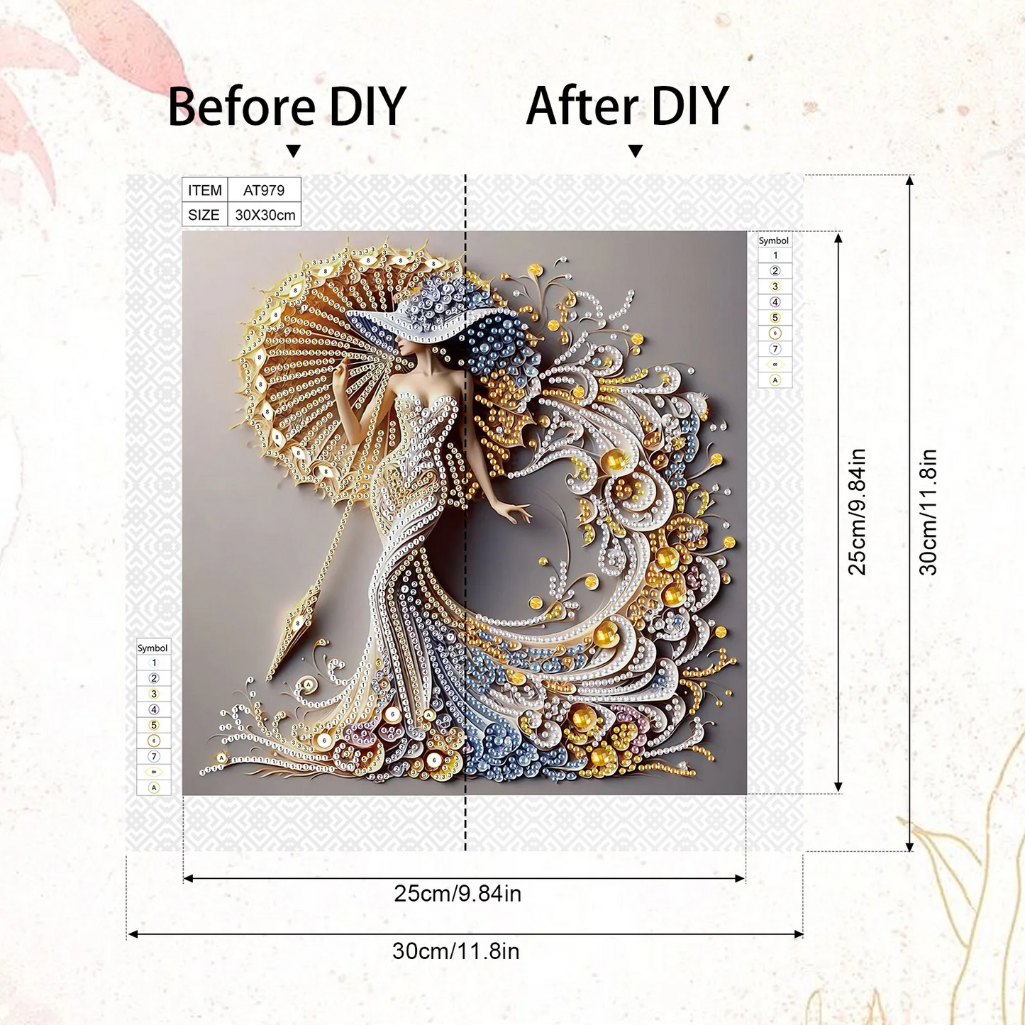 Comparison of a decorative panel 'Before DIY' and 'After DIY' with measurements.