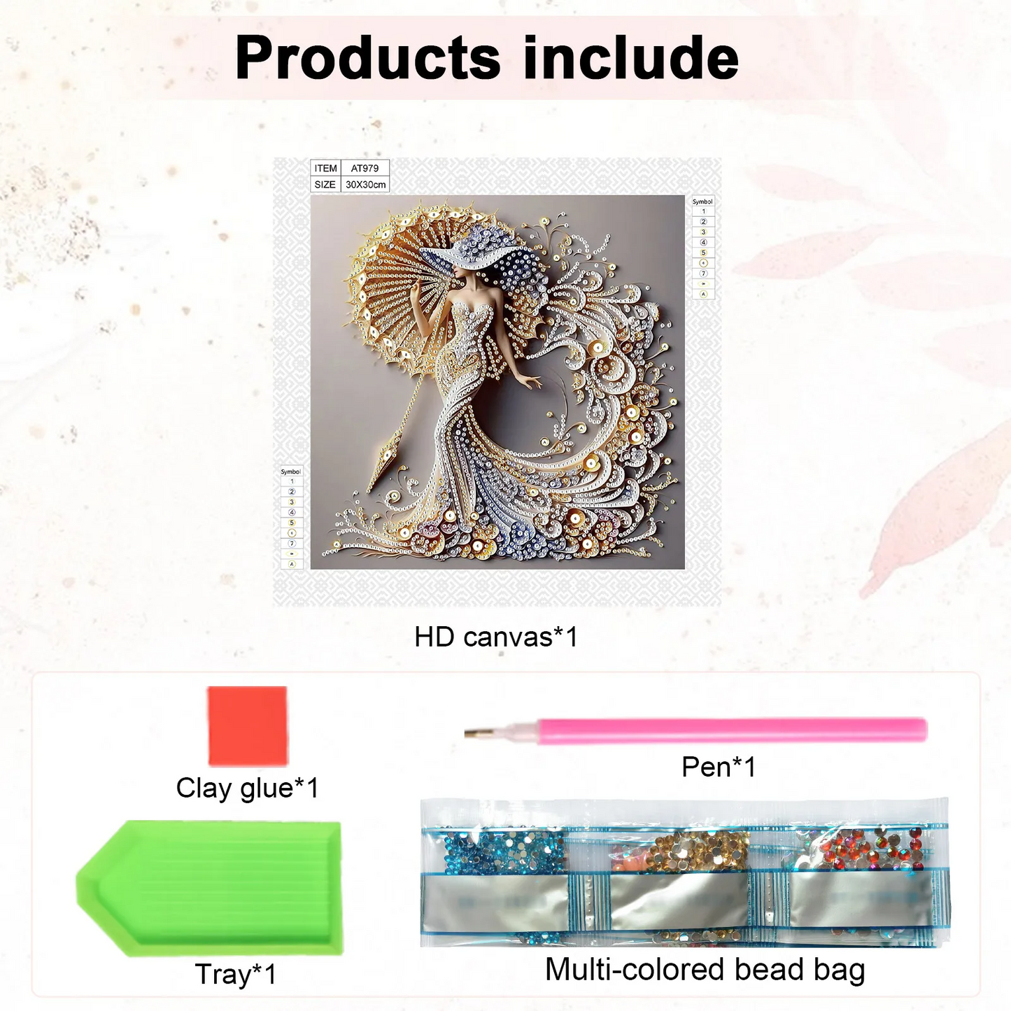 Product list including HD canvas, clay glue, pen, tray, and multi-colored bead bag on a white background.