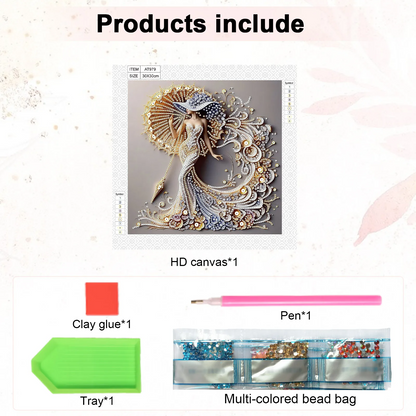 Product list including HD canvas, clay glue, pen, tray, and multi-colored bead bag on a white background.