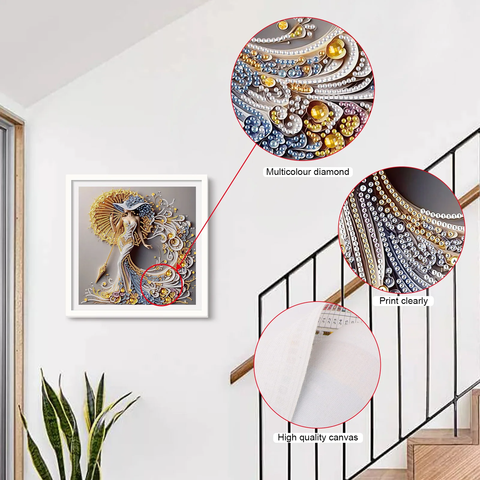 Decorative diamond painting on a wall with close-up details of multicolor diamonds and high-quality canvas.