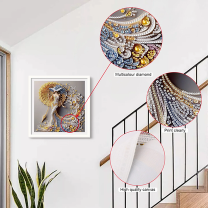 Decorative diamond painting on a wall with close-up details of multicolor diamonds and high-quality canvas.