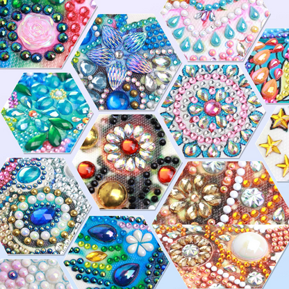 Hexagonal diamond painting samples with various designs and colors.