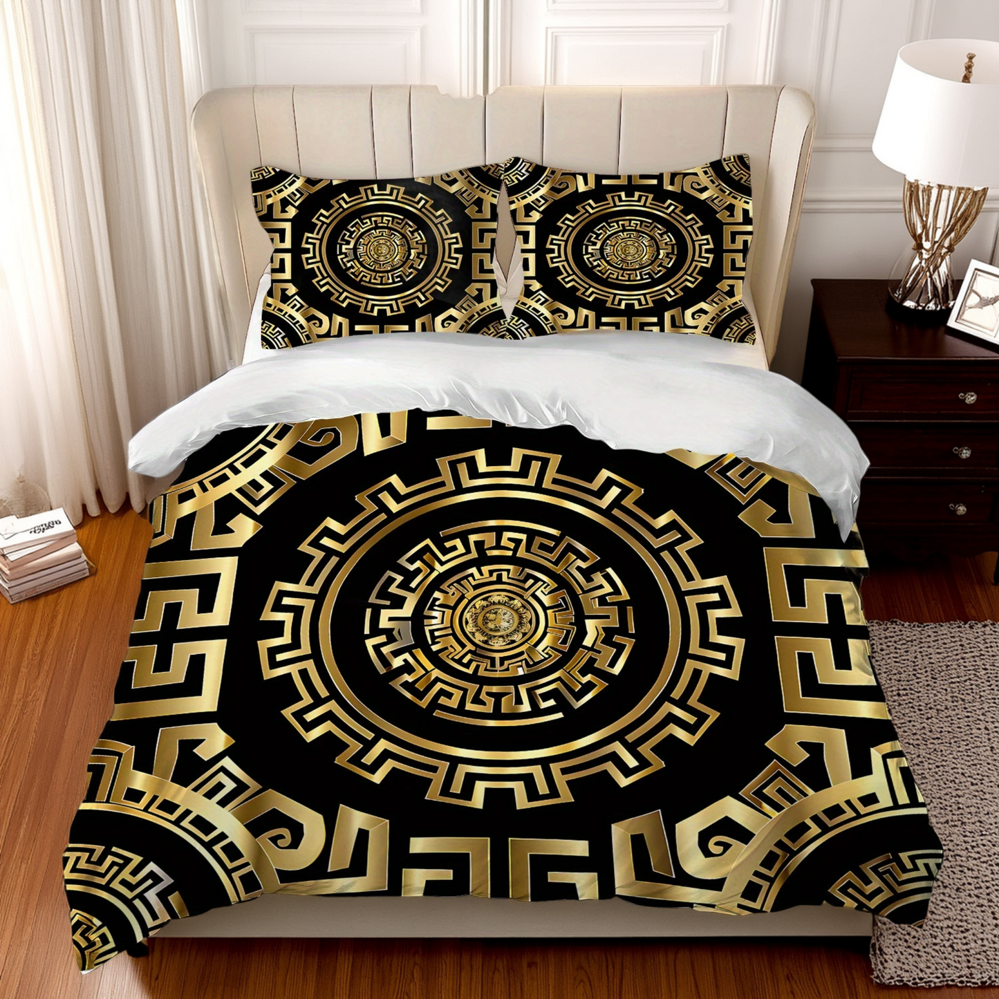 Close-up of Fantascticz Black and Gold Egyptian Duvet Cover, showcasing intricate pattern