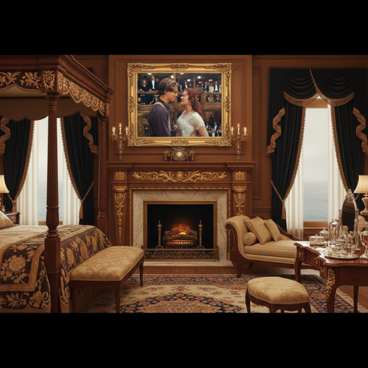 Luxurious bedroom with ornate furniture, fireplace, and framed photograph of a couple.