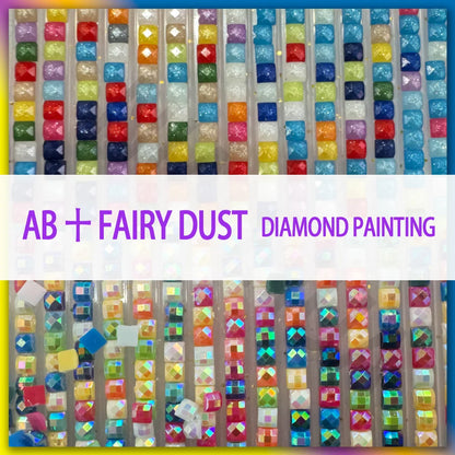 AB Fairy Dust Diamond Painting with colorful diamond pieces on a white background