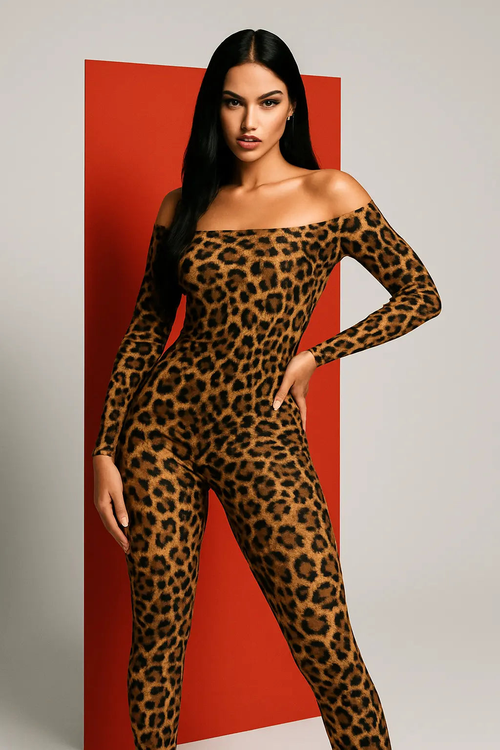 Woman wearing a leopard print outfit against a red and gray background