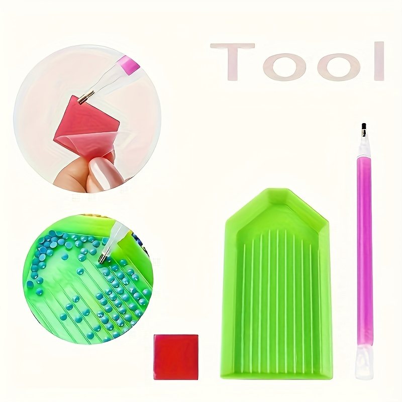 Set of tools including a pink tool, green silicone mat with beads, and a red block on a white background.