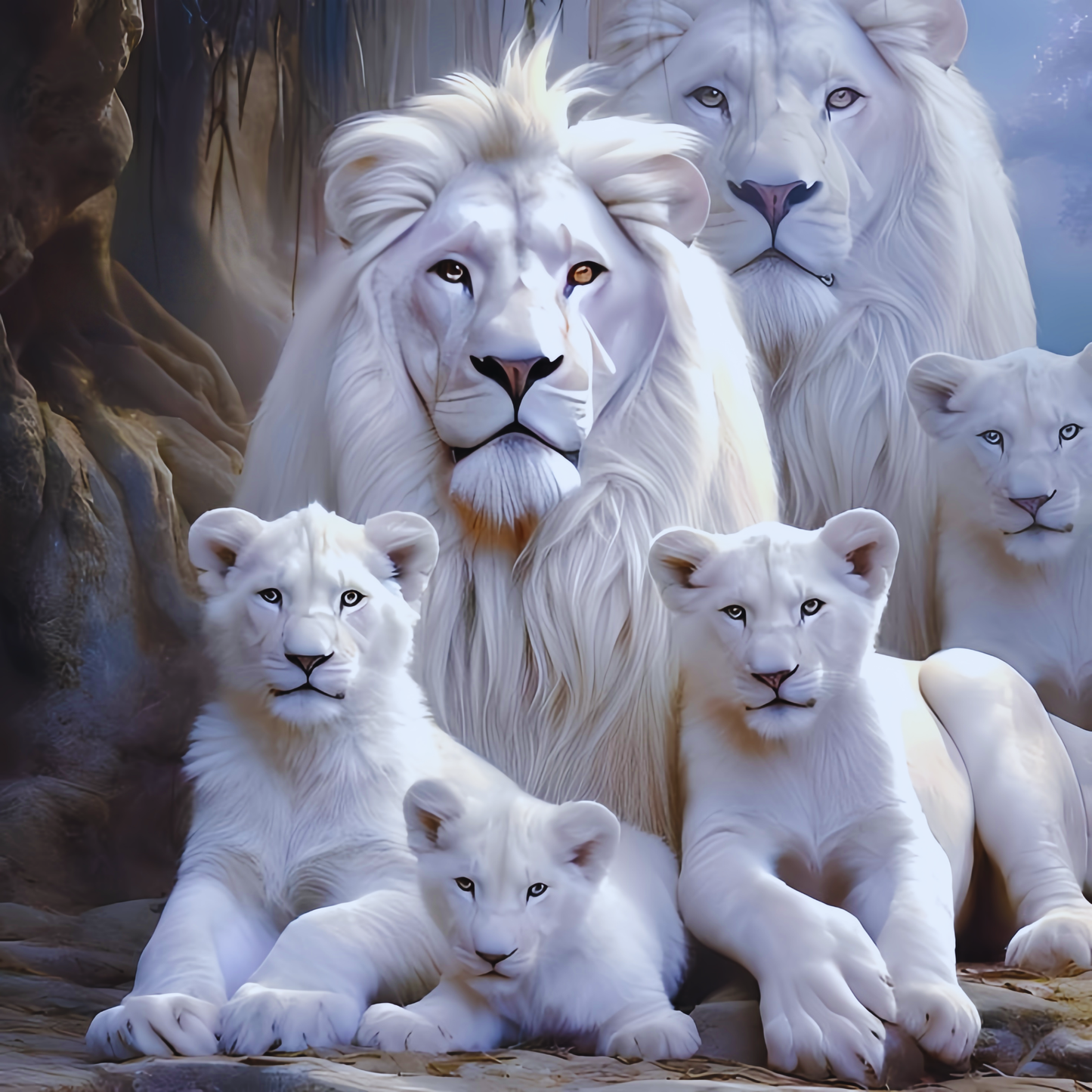 Group of white lions and cubs in a natural setting