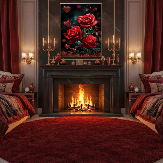Decorative bedroom with fireplace, red roses artwork, and warm lighting.