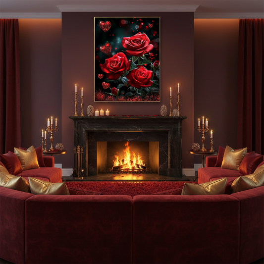 Cozy living room with red sofa, fireplace, and rose painting