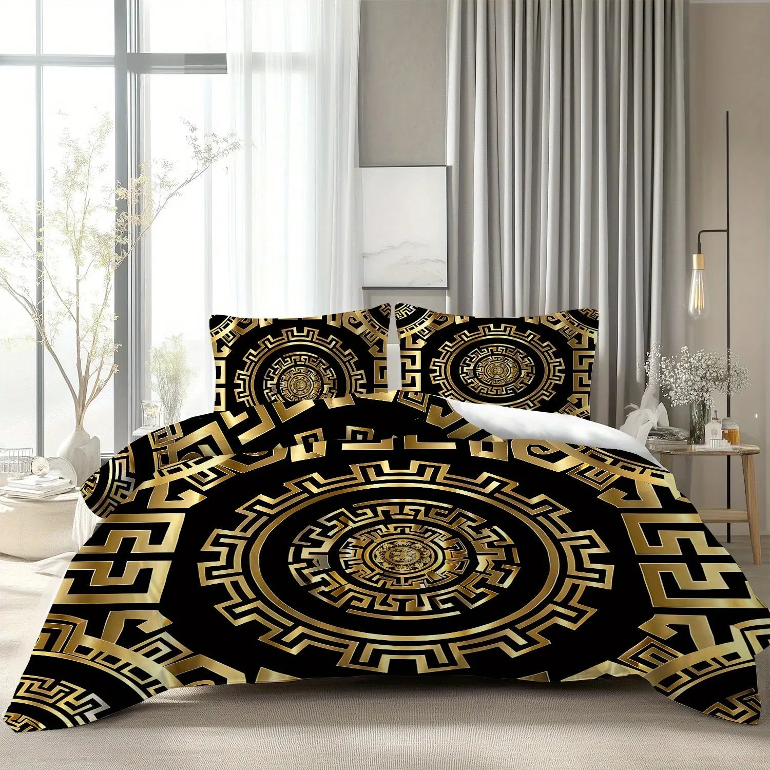Black and gold patterned bedding set in a bedroom