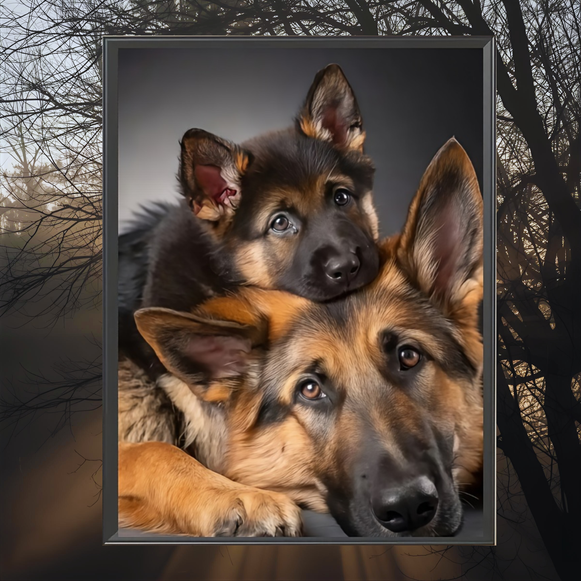 Two German Shepherd dogs in a framed picture with a dark background
