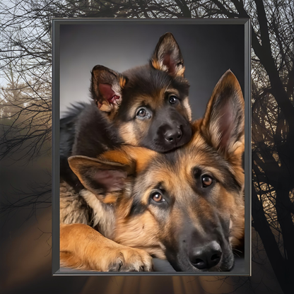 Two German Shepherd dogs in a framed picture with a dark background