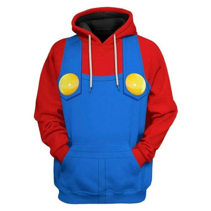 Red and blue pullover hoodie inspired by Mario’s iconic overalls, with yellow overall buttons and a front pouch pocket.
