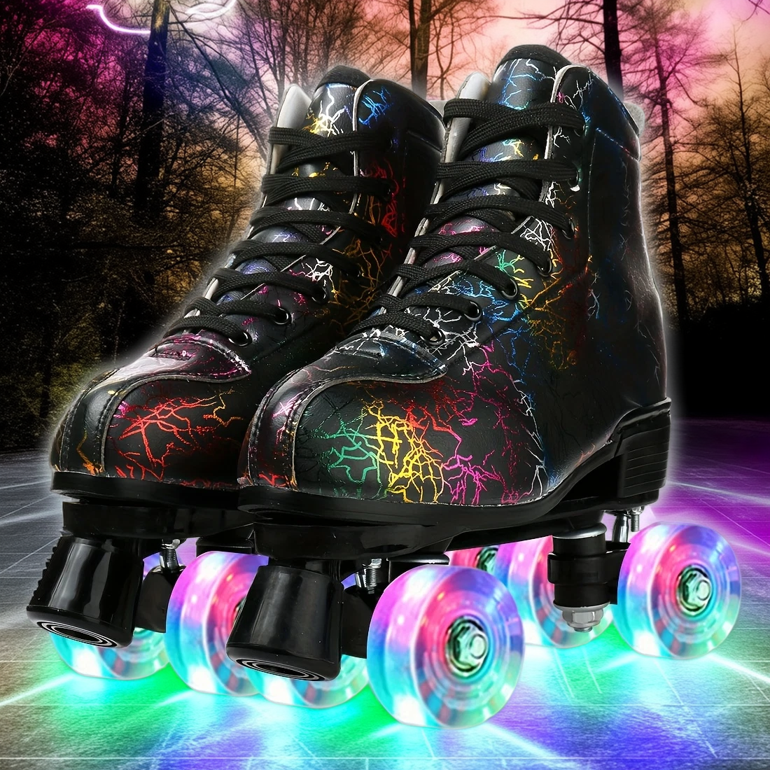 Pair of roller skates with colorful LED wheels on a dark background