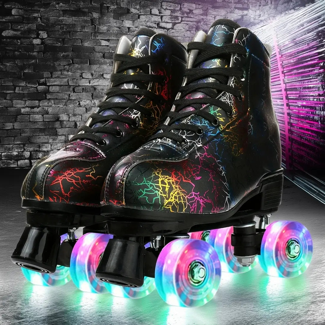Multicolored roller skates with LED lights on a reflective surface.