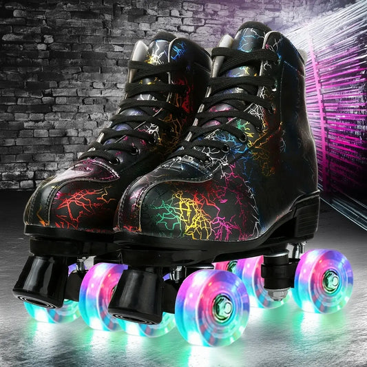 Multicolored roller skates with LED lights on a reflective surface.
