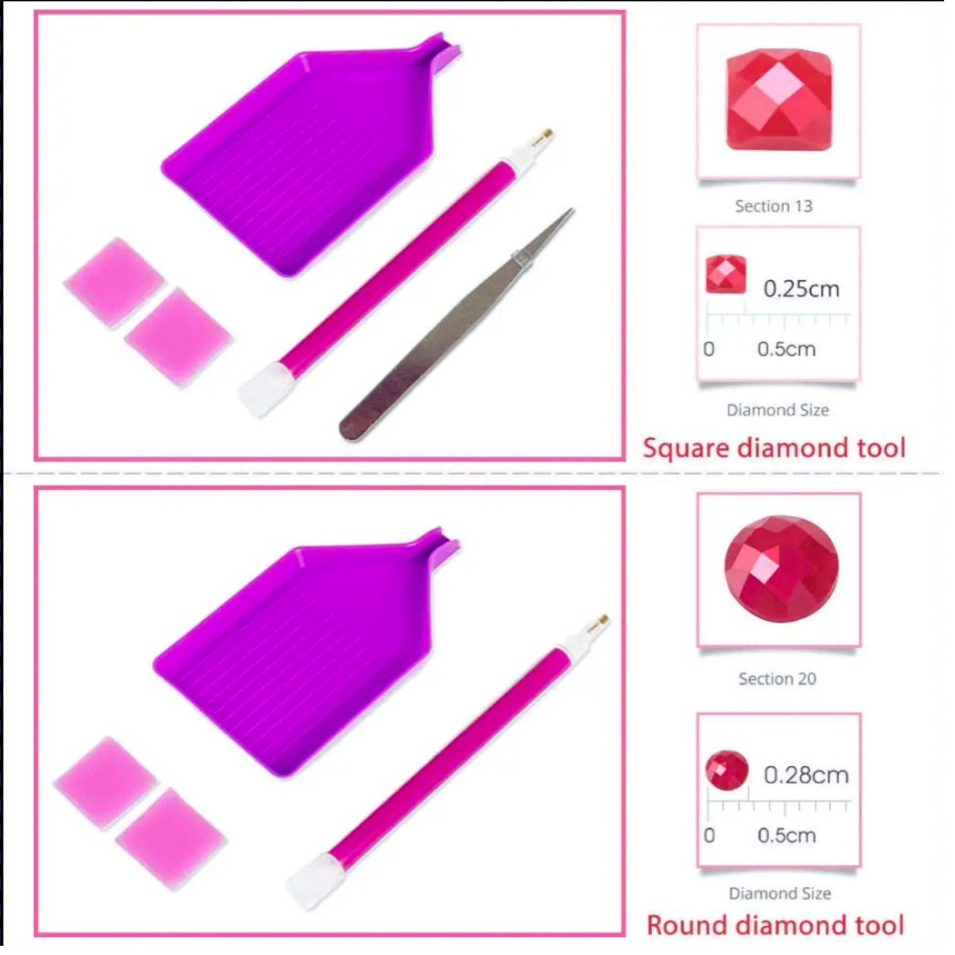 Diamond cutting tools with purple trays and pink handles on a white background