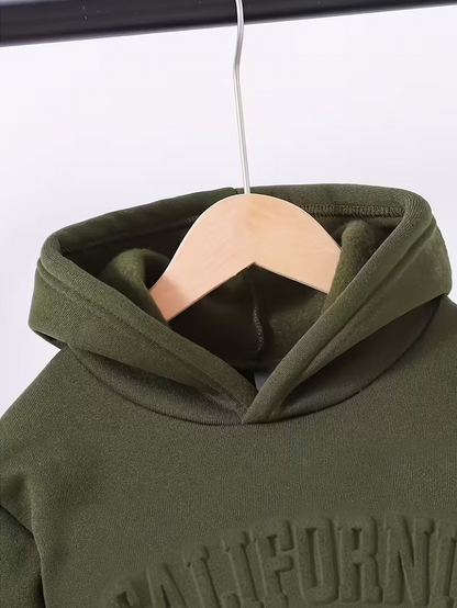 Green hoodie with 'California' text on a hanger against a white background