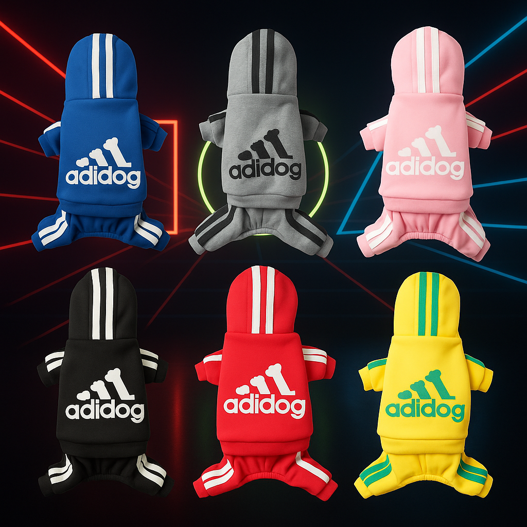 Various colorful dog hoodies with 'adidog' branding on a dark background with neon lights.