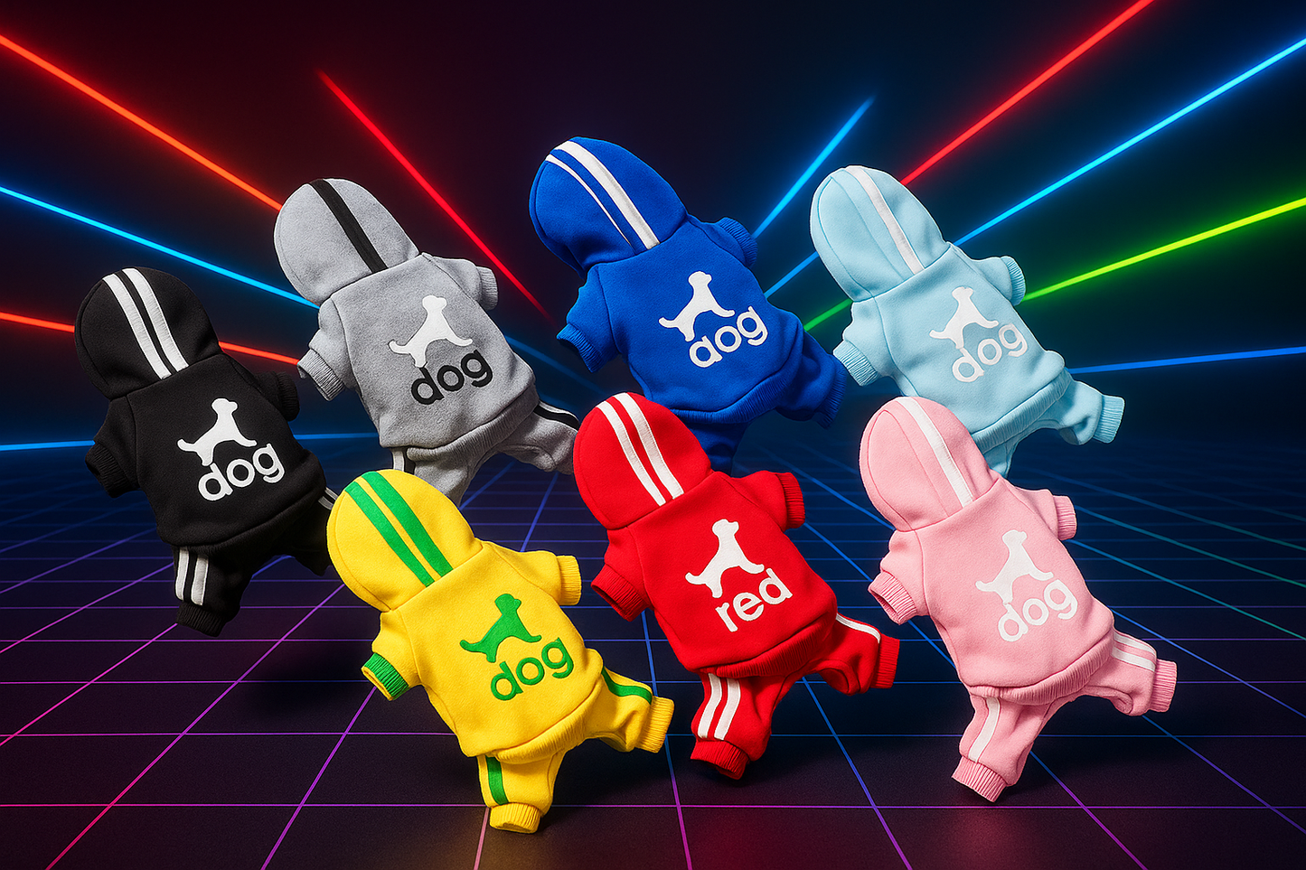 Colorful dog hoodies with brand logos on a retro grid background