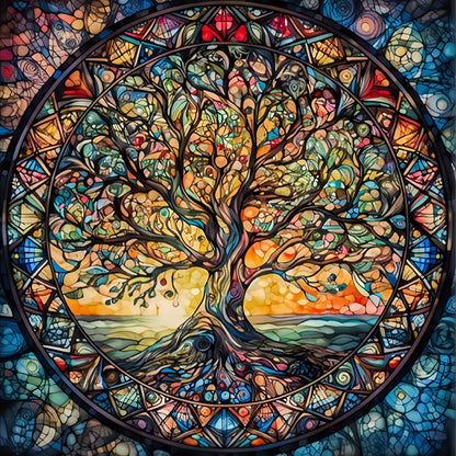 Colorful stained glass tree design with a circular frame