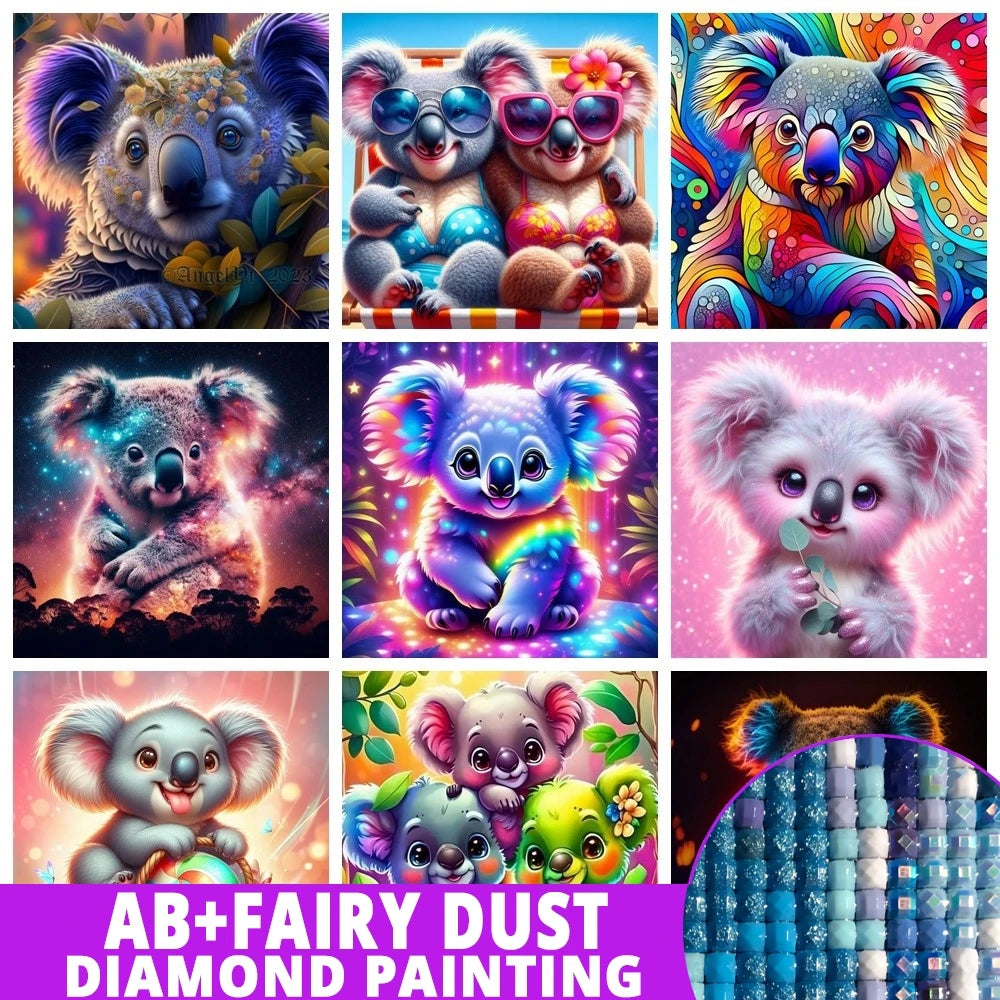 Collage of colorful koala diamond painting designs with 'AB+FAIRY DUST DIAMOND PAINTING' branding.