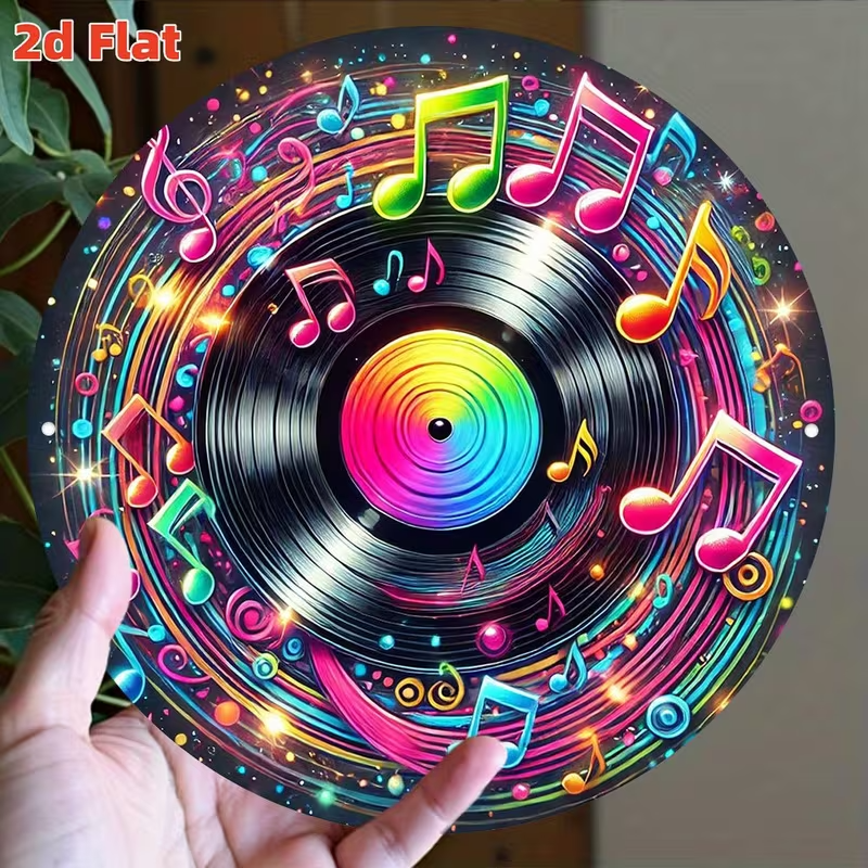 Colorful vinyl record with music notes held by a hand