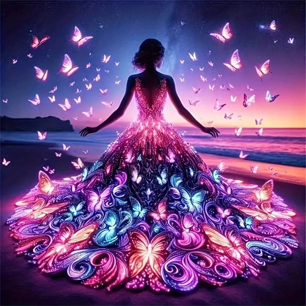 Woman in a glowing butterfly dress on a beach with butterflies around