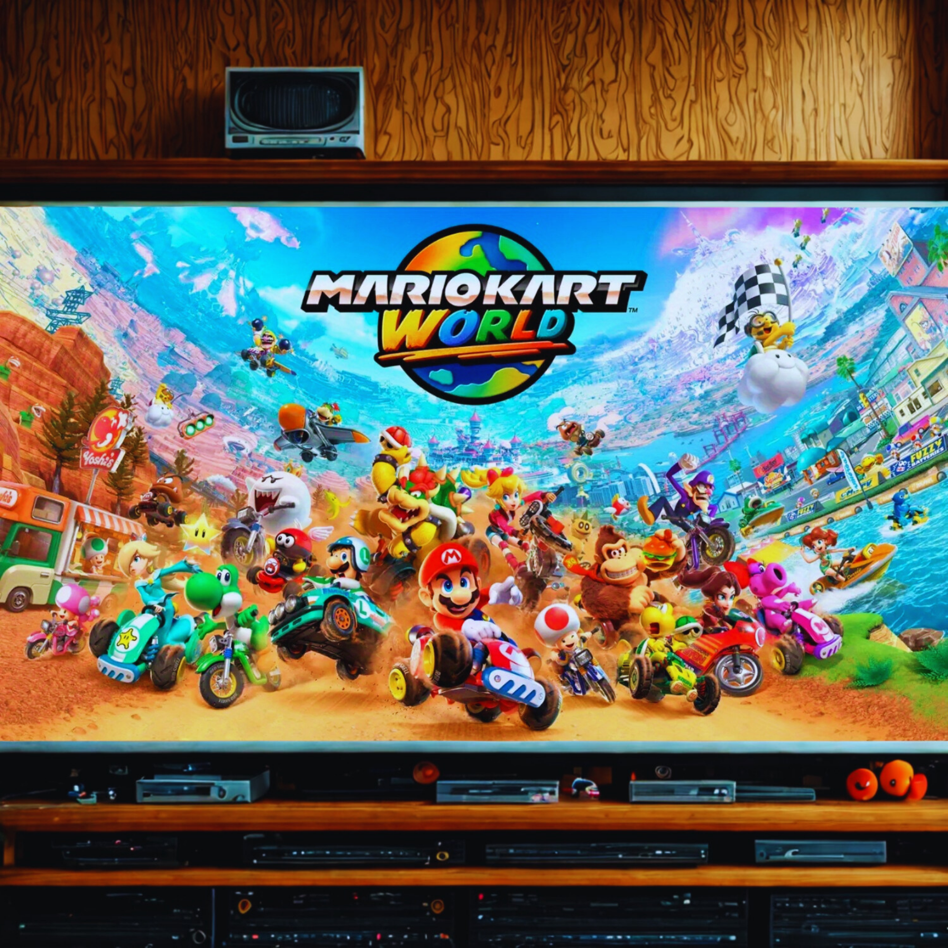 TV screen displaying 'Mario Kart World' with colorful characters and vehicles on a wooden shelf background.