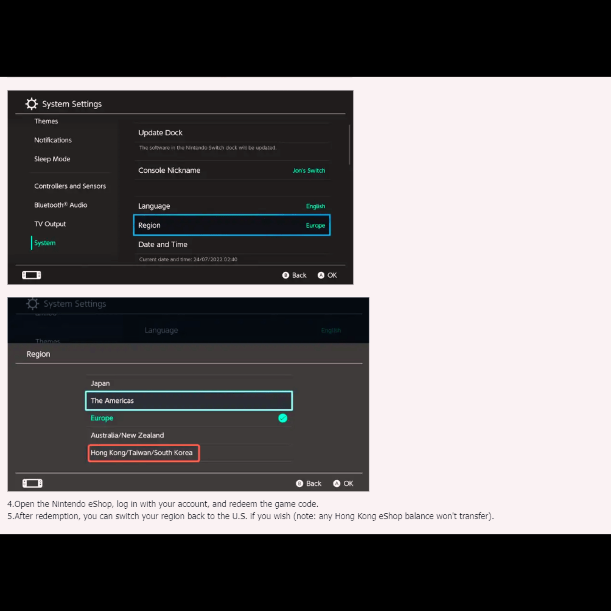 Console settings menu with language and region options on a black background