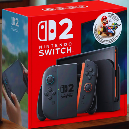 Nintendo Switch packaging with red lid and product images on a wooden surface