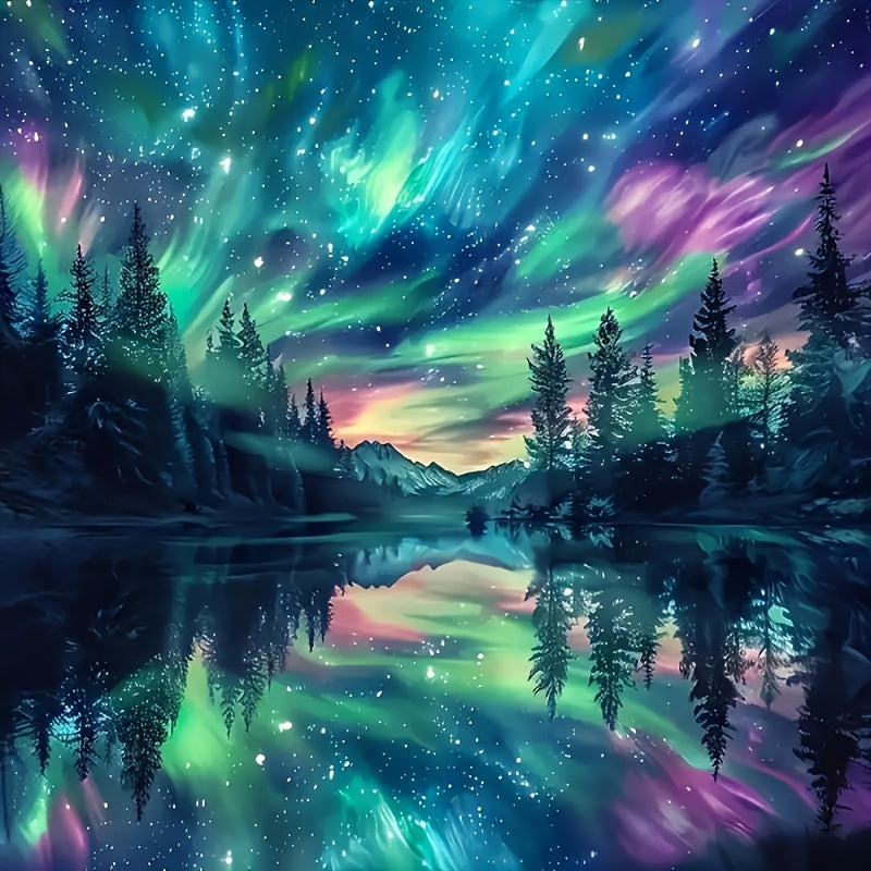 Aurora borealis over a reflective lake with trees and mountains.