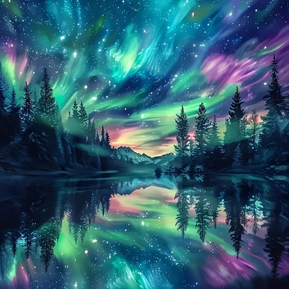 Aurora borealis over a reflective lake with trees and mountains.