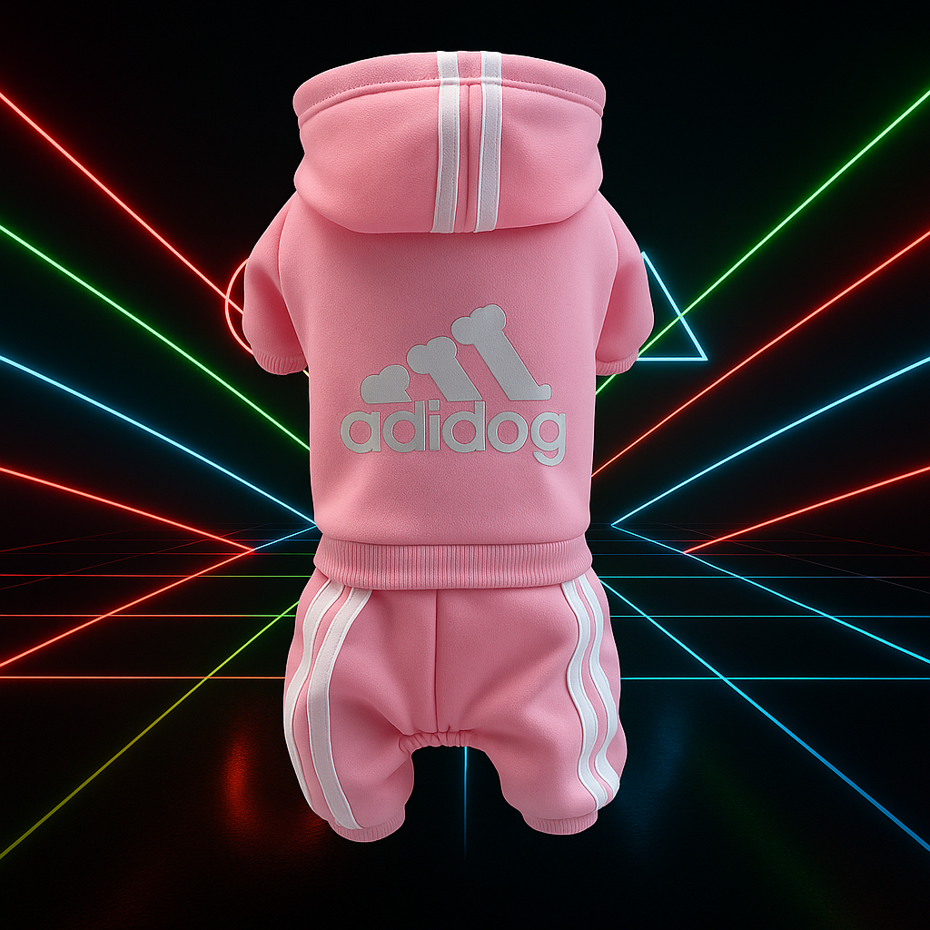 Pink dog hoodie with Adidog logo on a black background with colorful neon lines