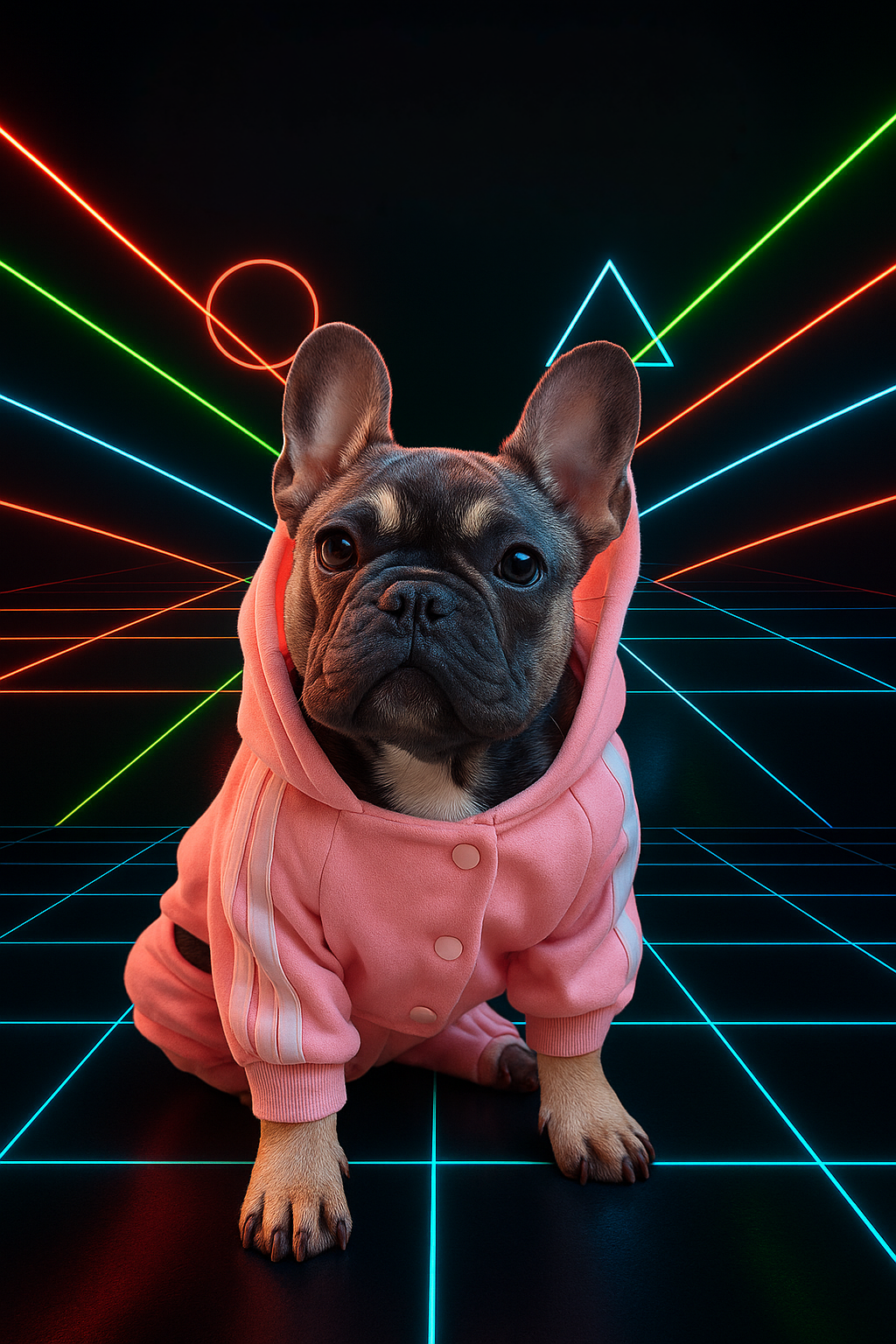 Dog wearing a pink hoodie with a retro neon background
