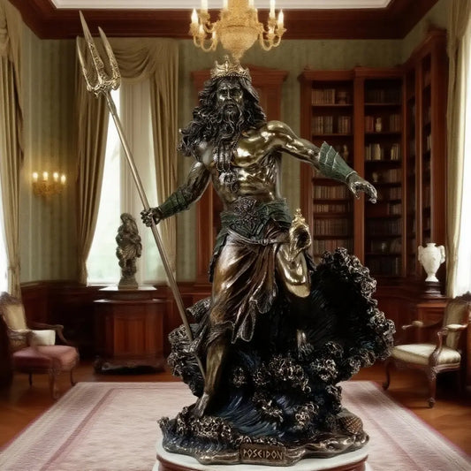 Statue of a warrior holding a spear in an elegant room with bookshelves and decorative items.