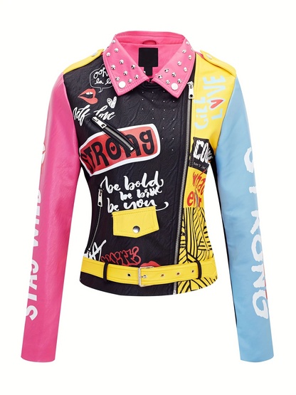 Colorful jacket with text and graphics on a white background