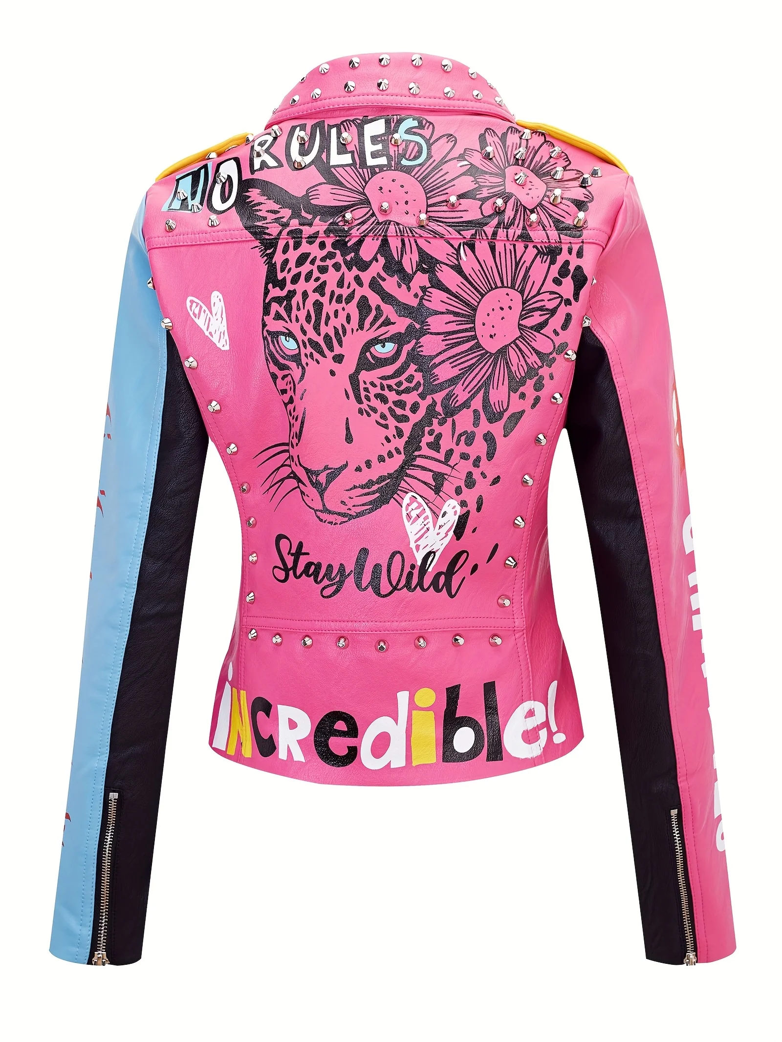 Pink jacket with leopard design and text on a white background