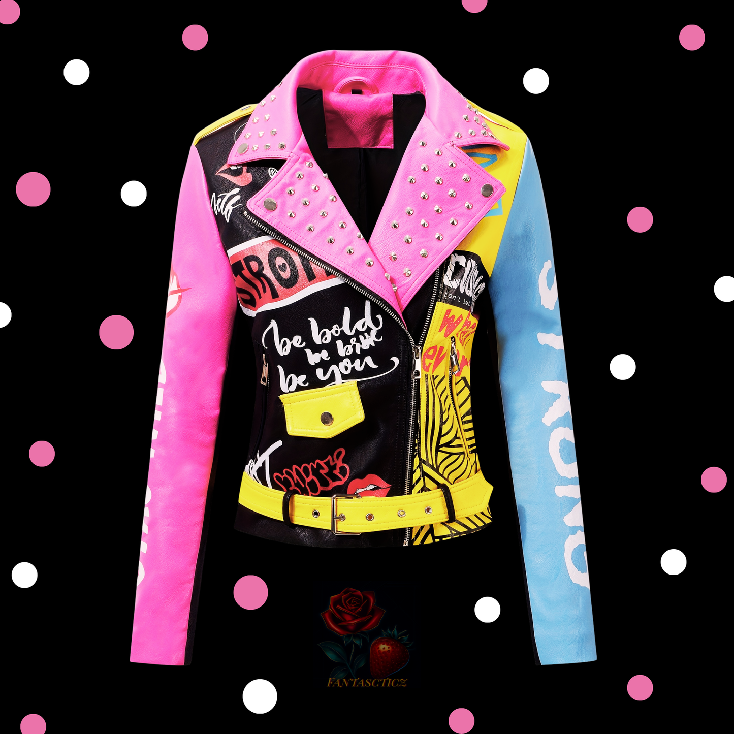 Punk Rocker Jacket - Retro 1980s Multi Color Studded Zipper Coat for Women