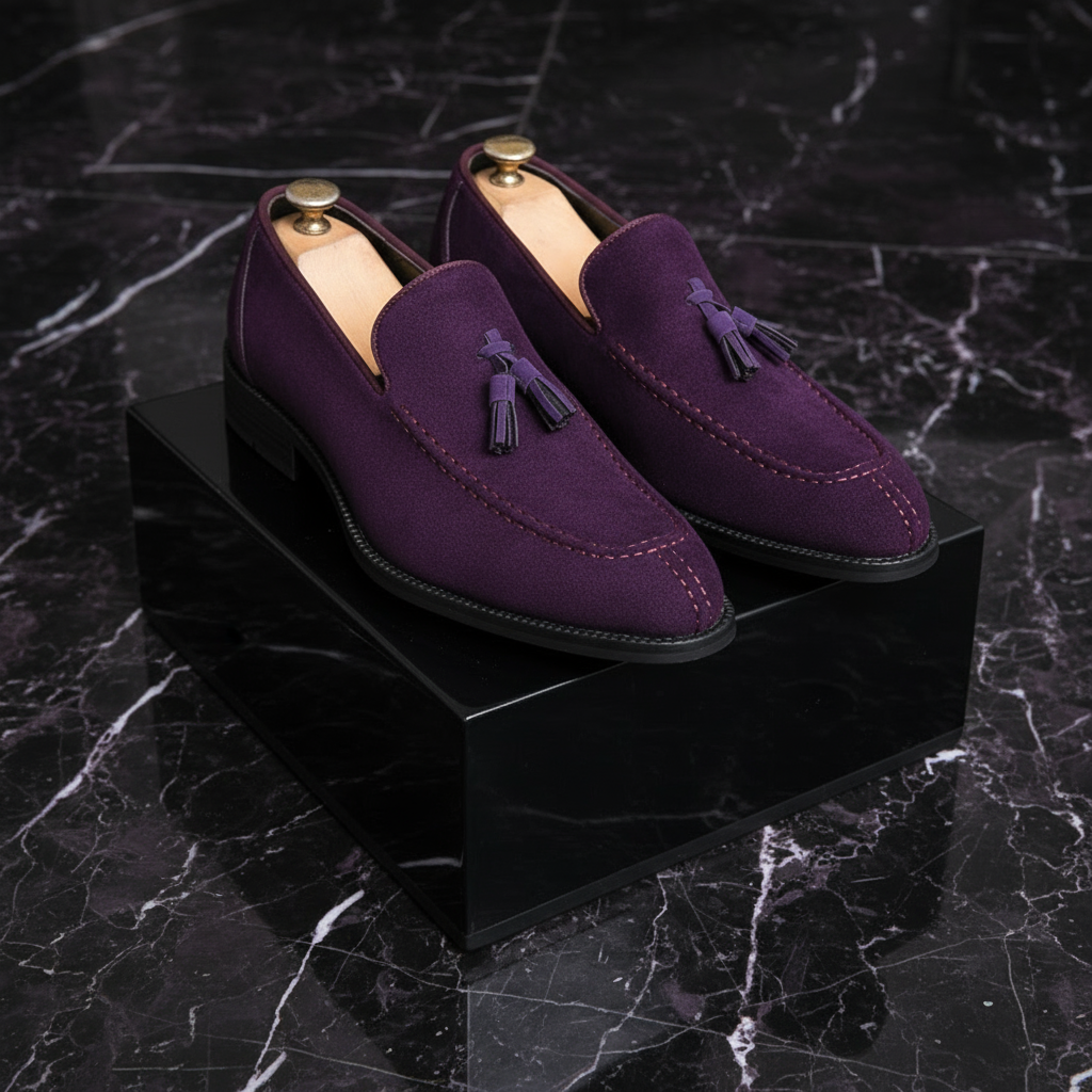 Purple loafers with tassels on a black marble surface