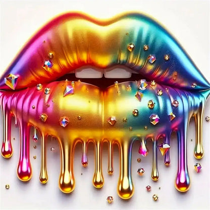 Colorful lips with gemstones and gold liquid on a white background
