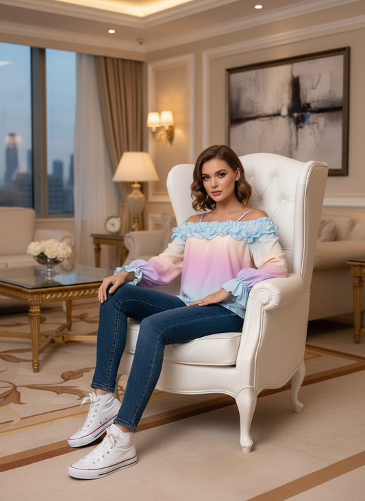 Pastel Dreams Off-Shoulder Rainbow Blouse