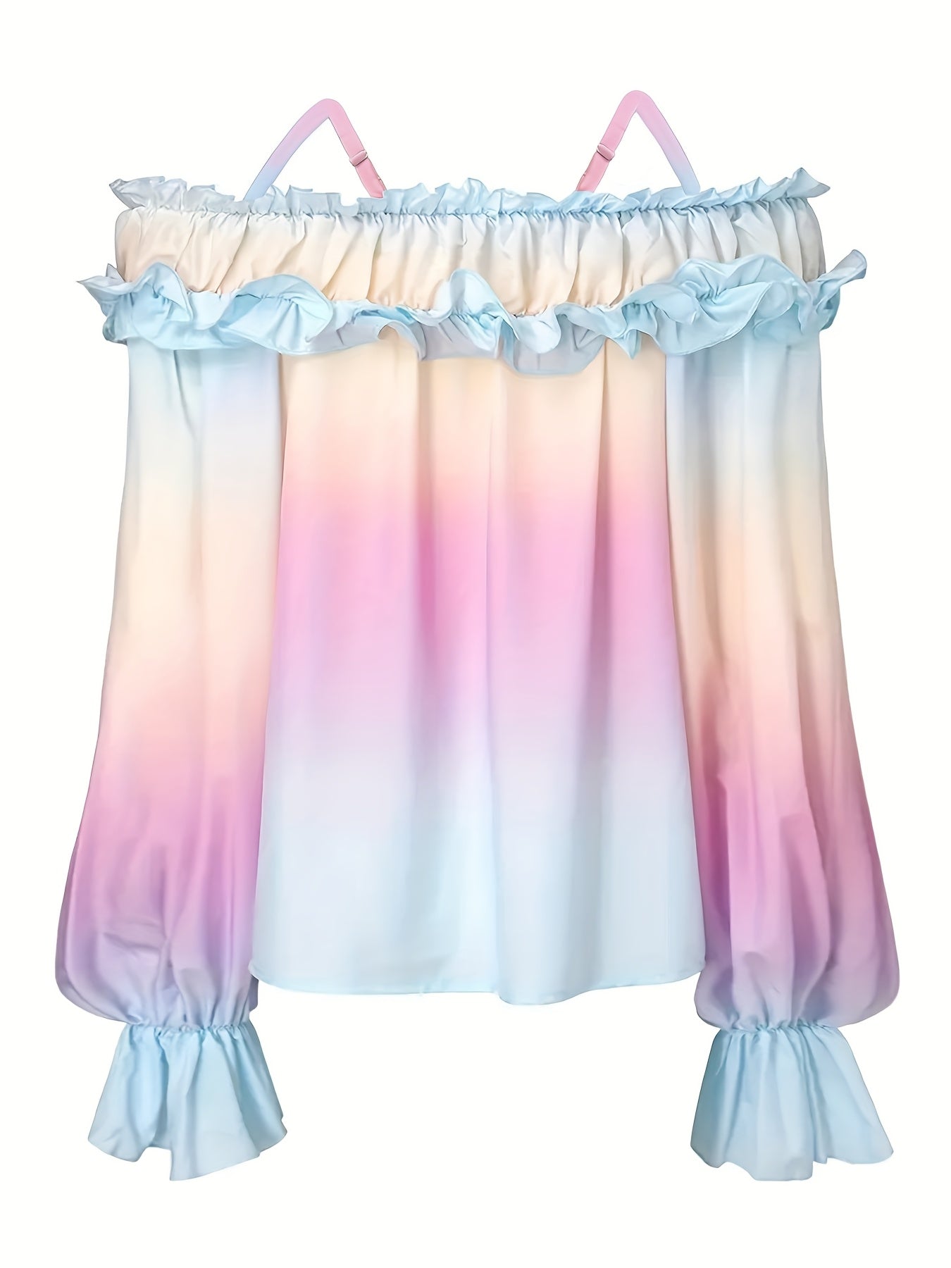Gradient dress with ruffled details in pink, blue, and white on a white background